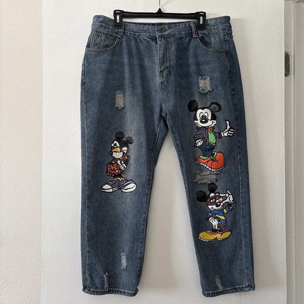 Disney Womens Plus Size 5XL Jeans Mickey Mouse Print High Waisted Distressed Y2K